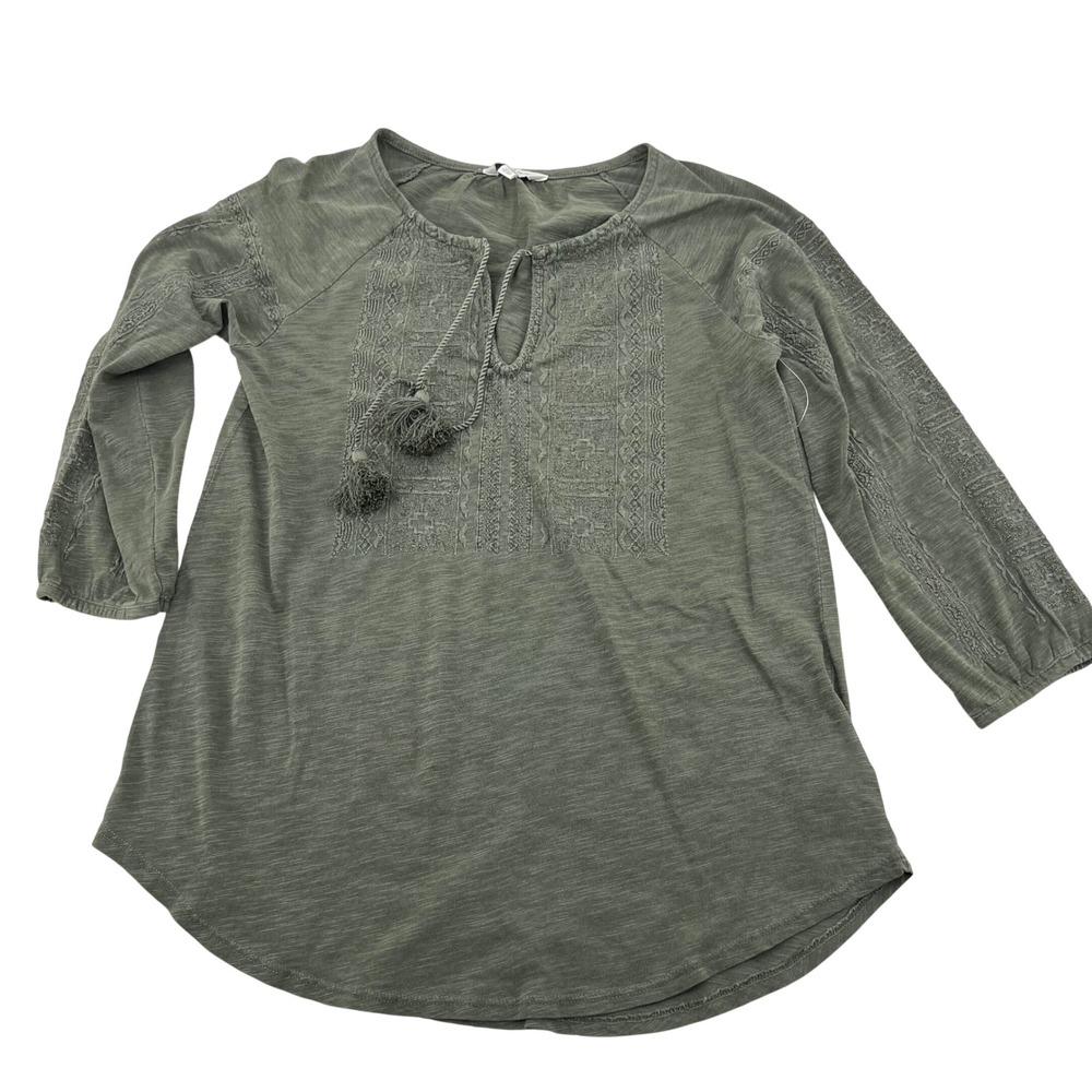 Lucky Brand Womens Olive Green Embroidered Tassel‎ Peasant Top 7WD60547 Small